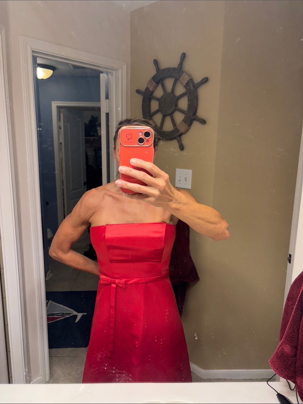 Elegant Red Strapless satin Dress with wrap